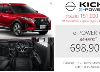 ส่วนลด 151,000 ! ราคาพิเศษ Nissan Kicks e-POWER V : 698,900 บาท | ฟรี ค่าแรงเช็คระยะ + ชุดแต่ง Stylish – Aero Package Nissan Kicks e-POWER