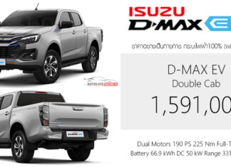 ISUZU D-MAX EV กระบะไฟฟ้า100% ราคาอย่างเป็นทางการ : 1,591,000 บาท (ผลิตไทย) แบต 66.9 kWh DC 50 kW วิ่งระยะ 331 km. Isuzu D-Max EV
