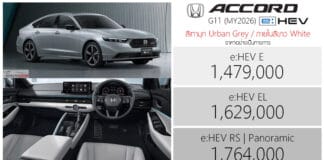 Honda Accord G11 e:HEV (MY2026) ราคาอย่างเป็นทางการ : 1,479,000 – 1,764,000 บาท | ภายในสีขาว White / สีเทามุก Urban Grey Pearl Honda Accord G11
