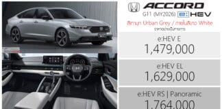 Honda Accord G11 e:HEV (MY2026) ราคาอย่างเป็นทางการ : 1,479,000 – 1,764,000 บาท | ภายในสีขาว White / สีเทามุก Urban Grey Pearl Honda Accord G11