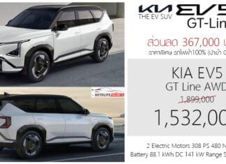 ส่วนลด 367,000 ! ราคาพิเศษ KIA EV5 GT Line AWD รถไฟฟ้า100% : 1,532,000 บาท (นำเข้า CBU จีน) | แบต 88.1 kWh 308 แรงม้า KIA EV5