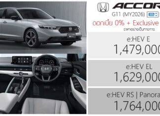 Honda Accord G11 e:HEV (MY2026) ราคาอย่างเป็นทางการ : 1,479,000 – 1,764,000 บาท | ดอกเบี้ย 0% + Exclusive Care 5 ปี