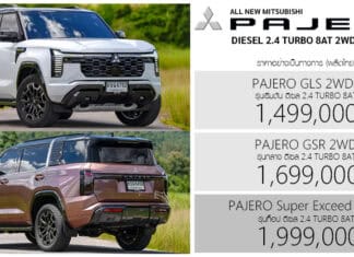 All NEW Mitsubishi PAJERO ราคาอย่างเป็นทางการ : 1,499,000 – 1,999,000 บาท | ดีเซล 2.4 TURBO 8AT 2WD / S-AWC 4WD